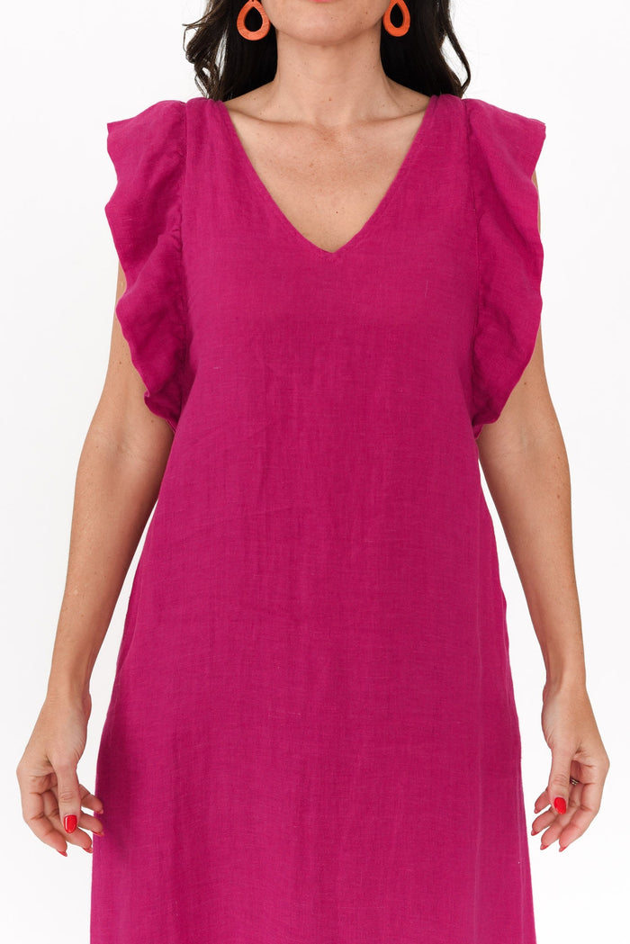 Matilda Hot Pink Pink Linen Dress,Brunette model,alt text|model:Nicole