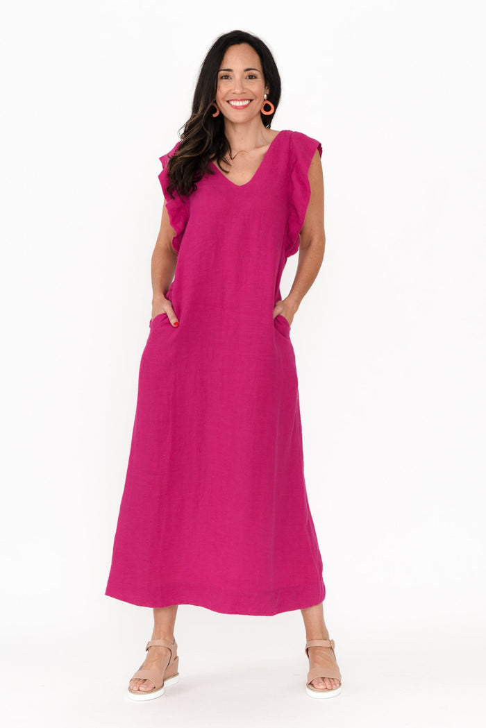 Matilda Hot Pink Pink Linen Dress,Brunette model,alt text|model:Nicole
