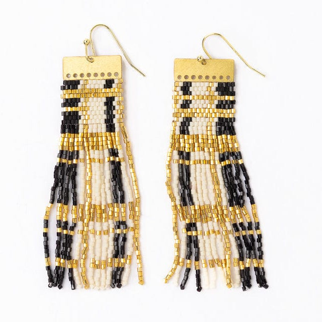Mckenzie Brass Bar Long Fringe Earrings Black + Gold Fringe
