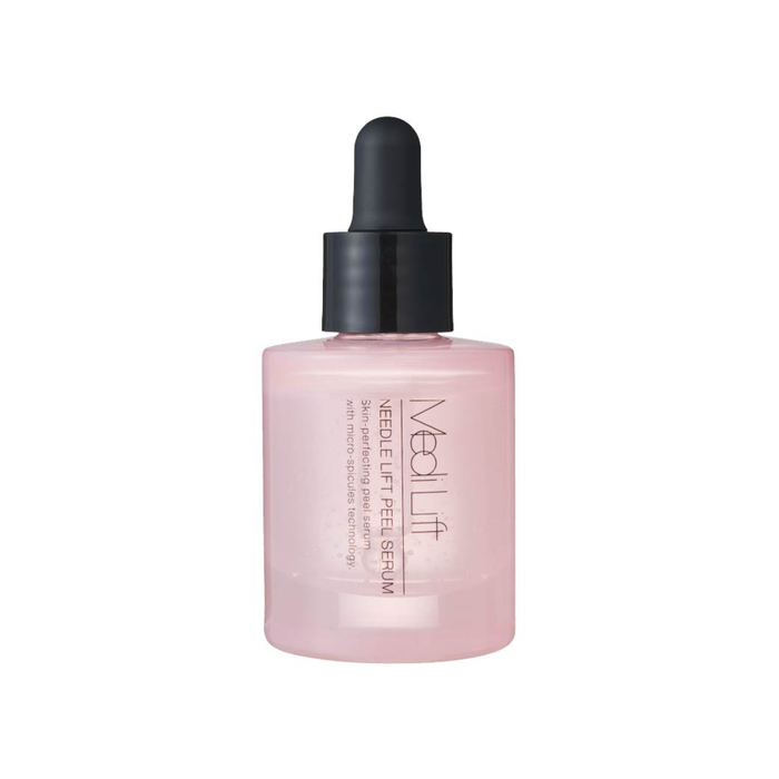 Pink skincare serum bottle with black dropper on a white background