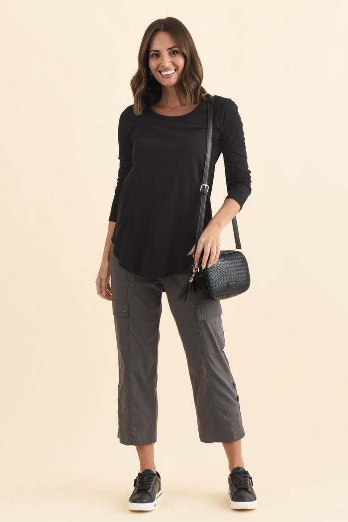 Megan Black Cotton Long Sleeve Top,Brunette model,alt text|model:MJ