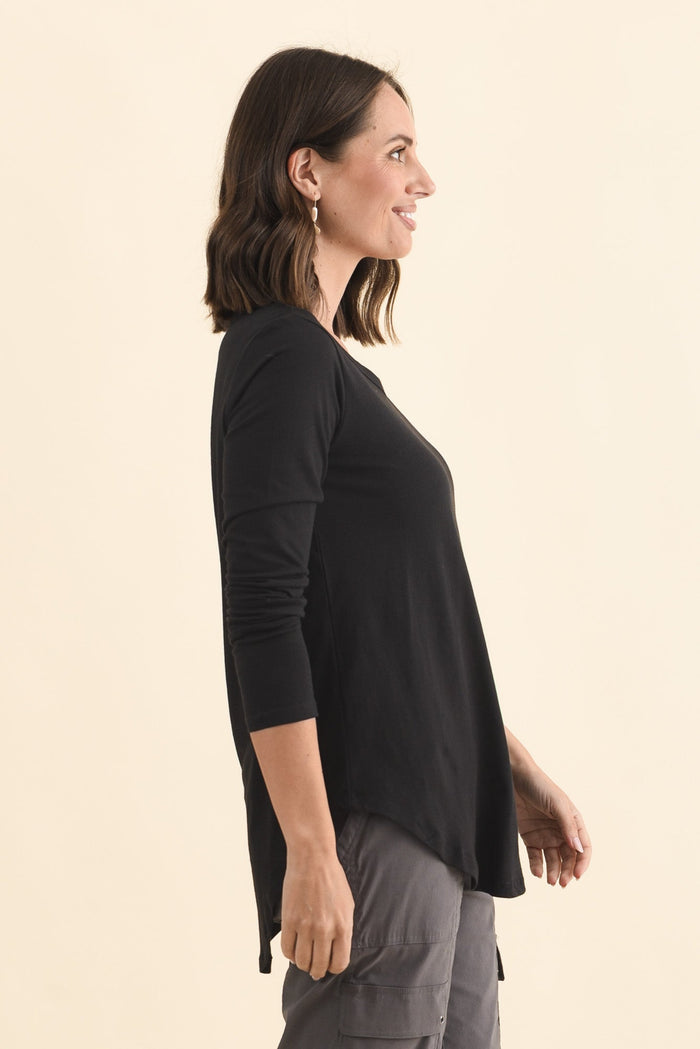 Megan Black Cotton Long Sleeve Top,Brunette model,alt text|model:MJ