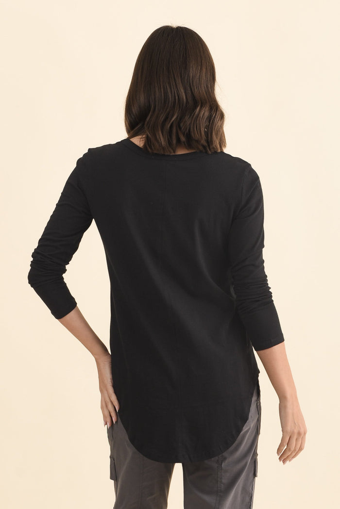 Megan Black Cotton Long Sleeve Top,Brunette model,alt text|model:MJ