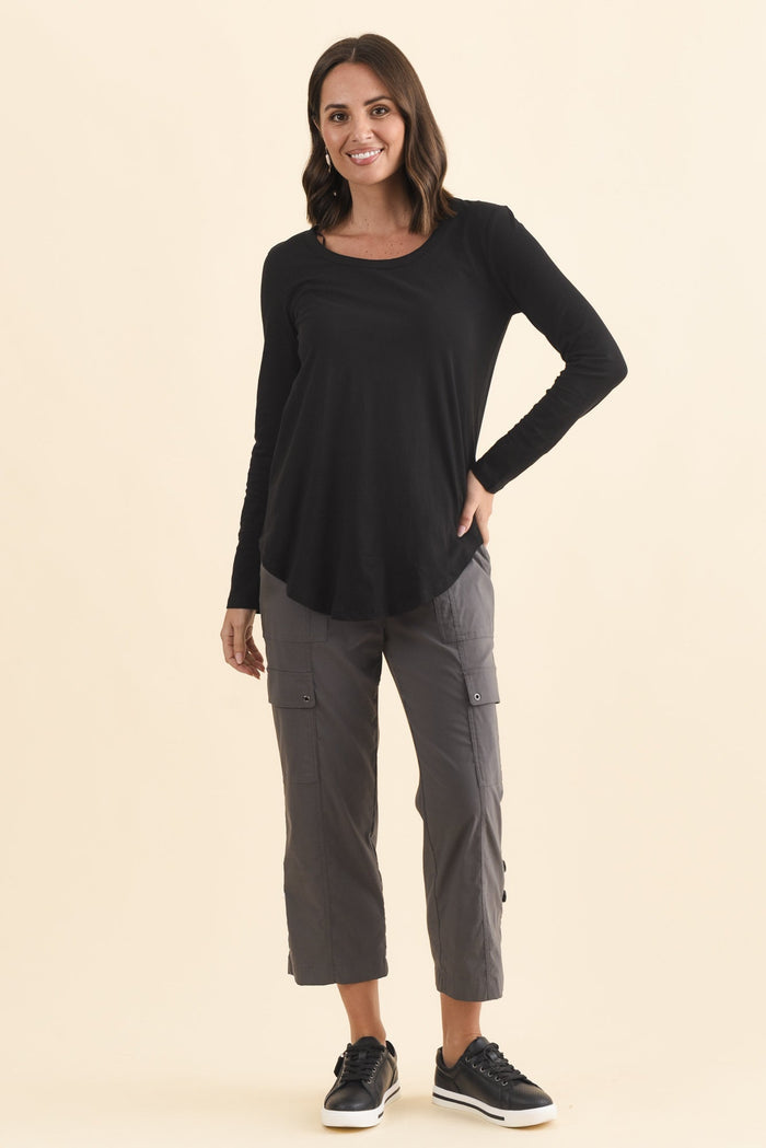 Megan Black Cotton Long Sleeve Top,Brunette model,alt text|model:MJ