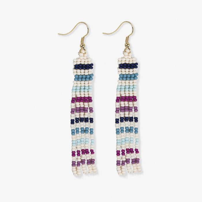 Melissa Horizontal Stripes Petite Beaded Fringe Earrings Blue + Lavender SHORT FRINGE