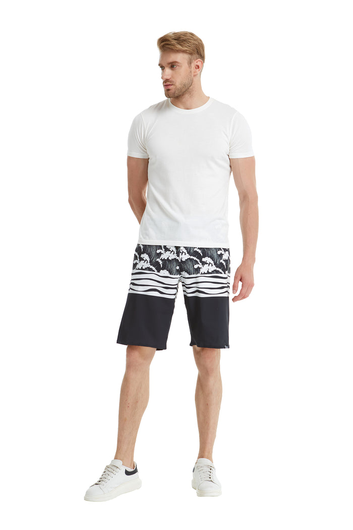 Men's Spandex Board Shorts with Zipped Pocket in Hawaiian Wave Black