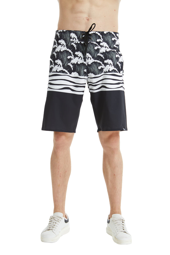 Men's Spandex Board Shorts with Zipped Pocket in Hawaiian Wave Black