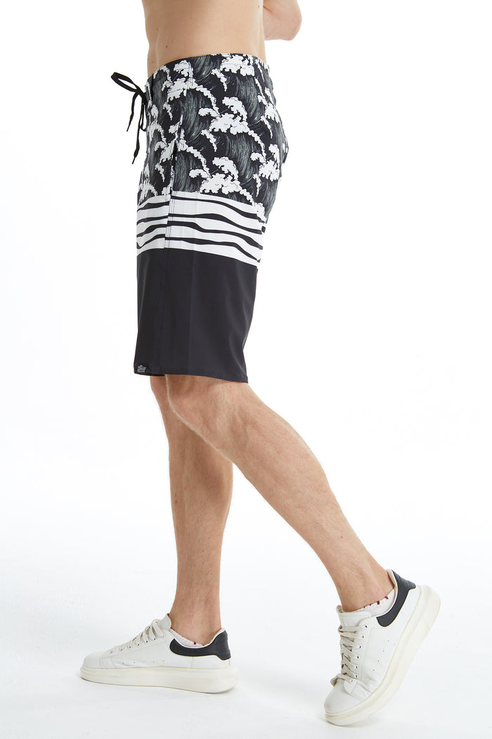 Men's Spandex Board Shorts with Zipped Pocket in Hawaiian Wave Black