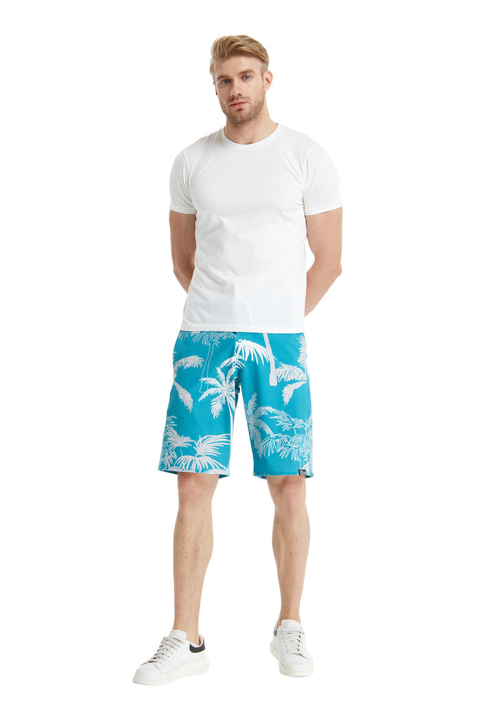 Men's Spandex Board Shorts with Zipped Pocket in Palm Tree Turquoise