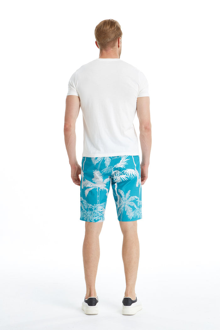 Men's Spandex Board Shorts with Zipped Pocket in Palm Tree Turquoise