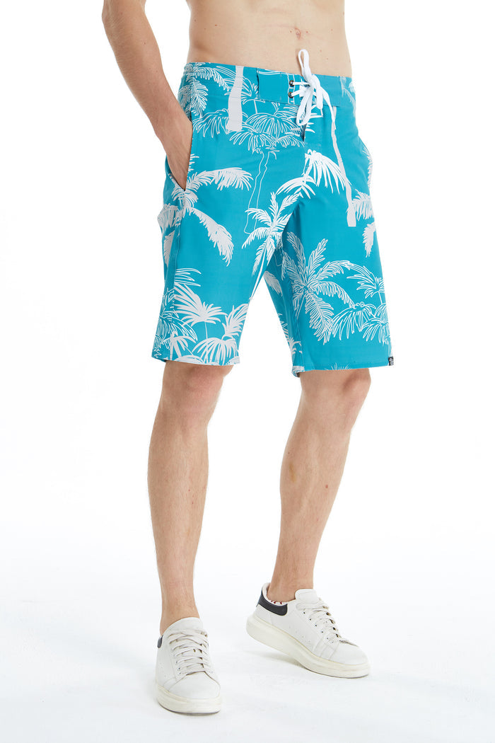 Men's Spandex Board Shorts with Zipped Pocket in Palm Tree Turquoise