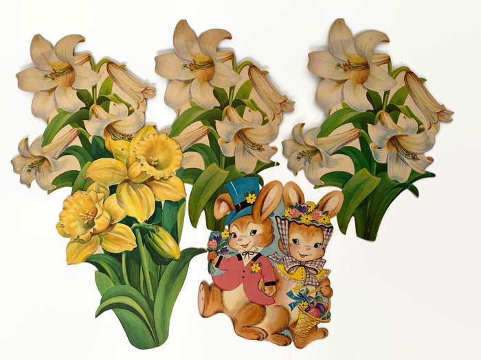 Midcentury Easter Cardboard Cut Outs Daffodils Bunnies and Lilies at Duckwells