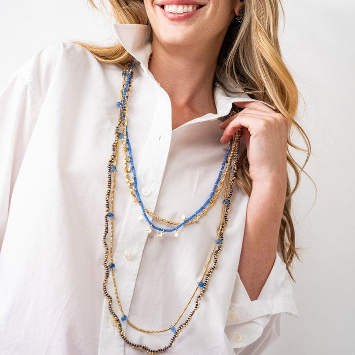 Milly Double Strand Crystal Necklace Brass + Blue Multi Layered