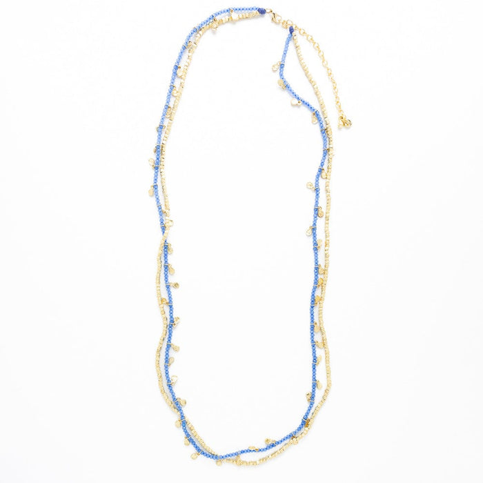 Milly Double Strand Crystal Necklace Brass + Blue Multi Layered