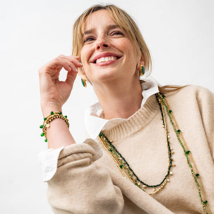 Milly Double Strand Crystal Necklace Brass + Green Multi Layered