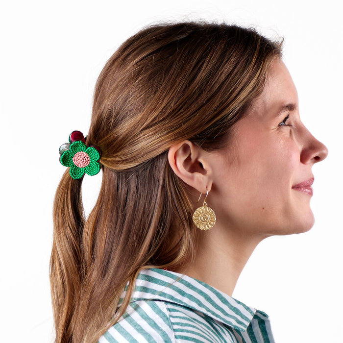 Molly Flower Beaded Hair Claw Clip Kelly Green + Pink Claw