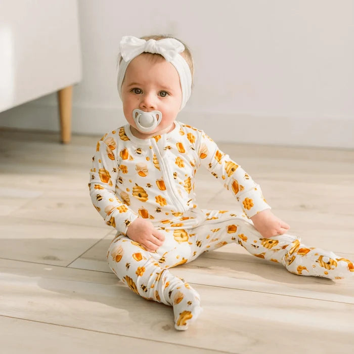 Natural Bees and Honey Print Zip Footie
