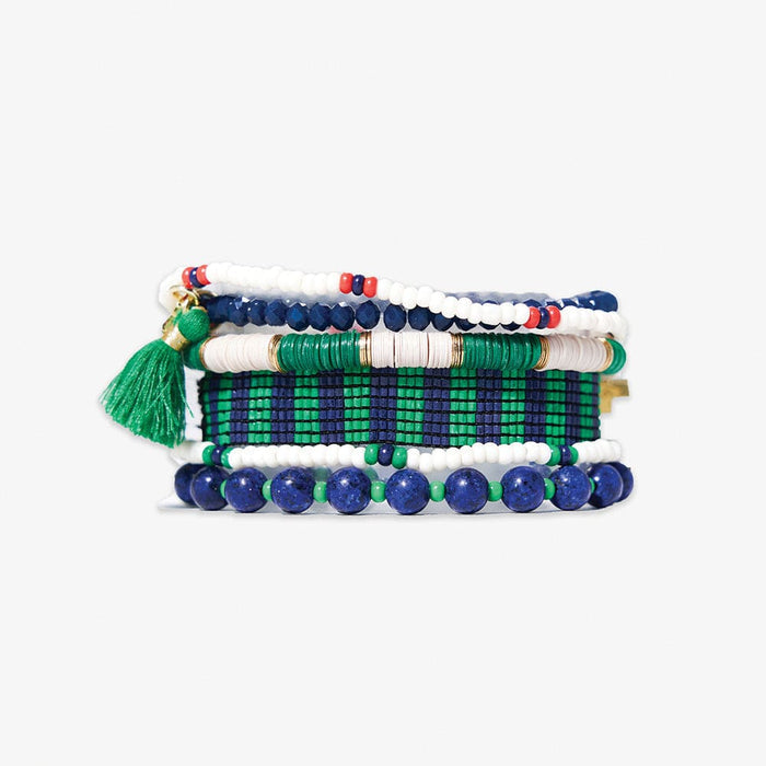 Mixed Bracelet Stack of 6 Navy and Kelly Green