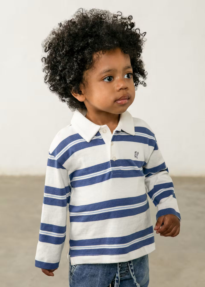 Navy and White Striped Long Sleeve Polo