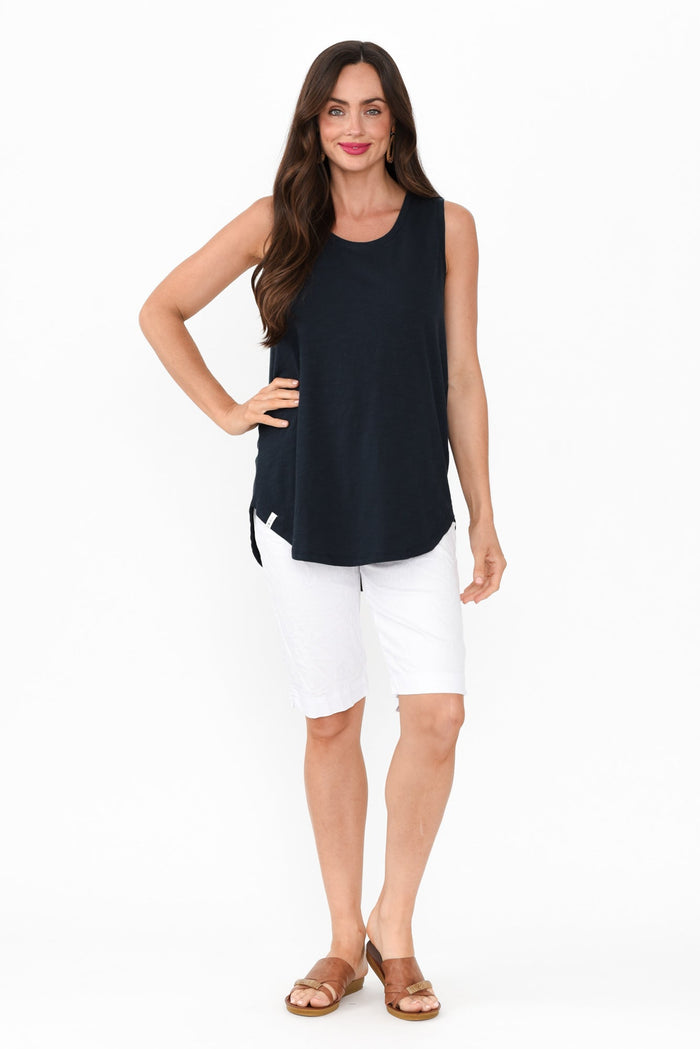 Navy Cotton Scoop Tank,Brunette model,alt text|model:Elouise
