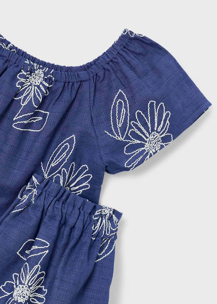 Navy Elastic Short Set w White Emb Flowers