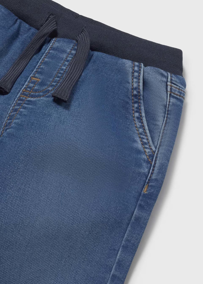 Navy Elastic Waist Drawstring Denim Pants