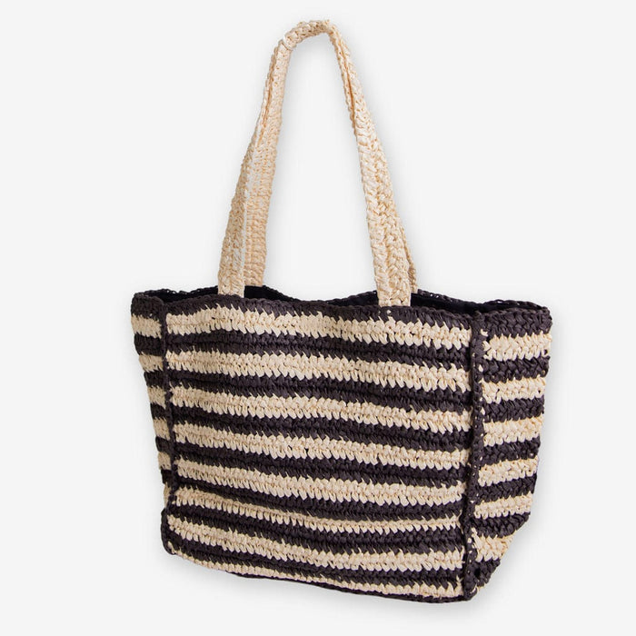 Nellie Large Striped Raffia Tote Black/Ivory