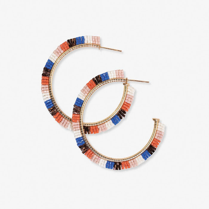 Nora Checkered Beaded Hoops Rust + Lapis LARGE HOOP