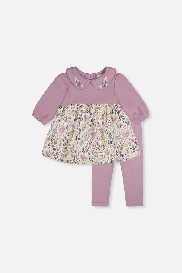 Deux par Deux baby girl beige heart print dress and lavender legging set, front view