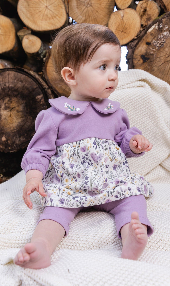 Deux par Deux baby girl beige heart print dress and lavender legging set, styled view 1