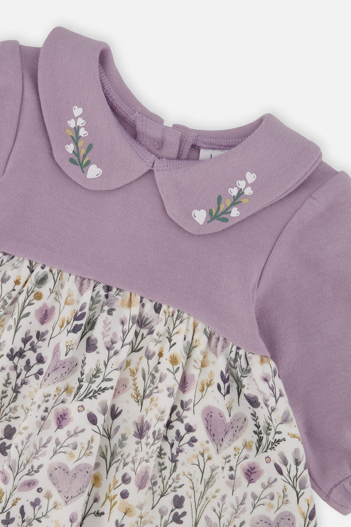 Deux par Deux baby girl beige heart print dress and lavender legging set, alternate view
