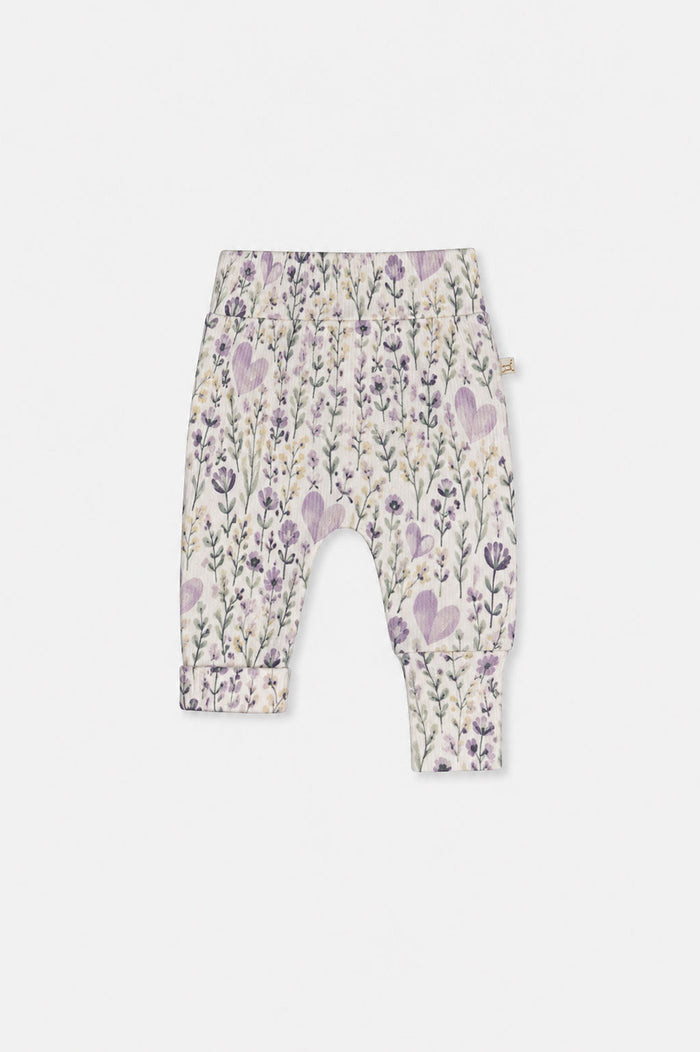 Deux par Deux baby girls evolutive pants, beige heart and floral print, front view