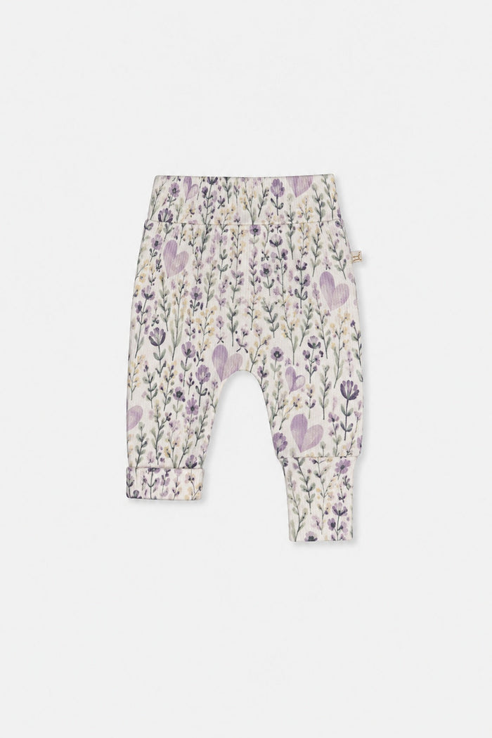 Deux par Deux baby girls evolutive pants, beige heart and floral print, back view