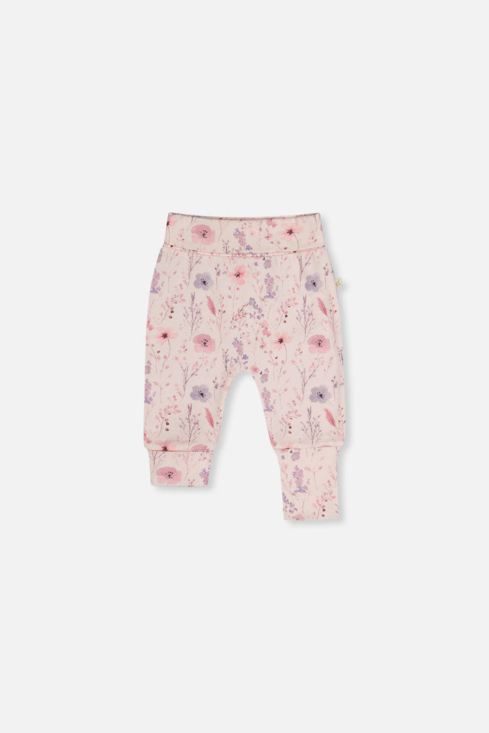 Deux par Deux baby girls evolutive pants, pink watercolor floral print, front view