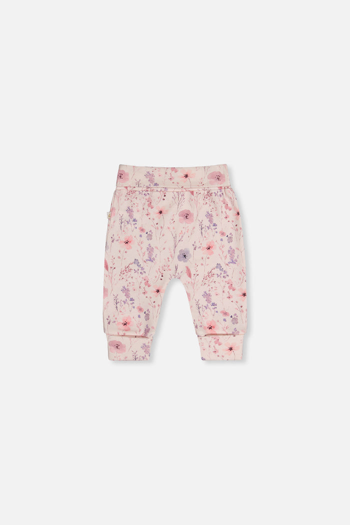 Deux par Deux baby girls evolutive pants, pink watercolor floral print, back view