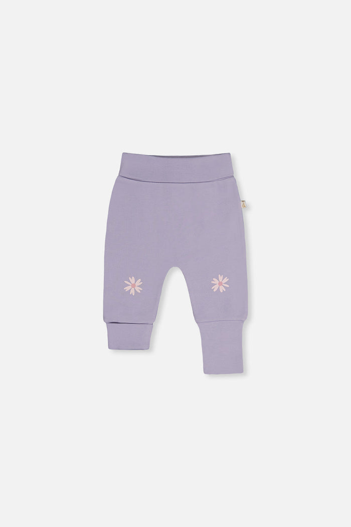 Deux par Deux baby girls evolutive pants in violet with flower details, front view