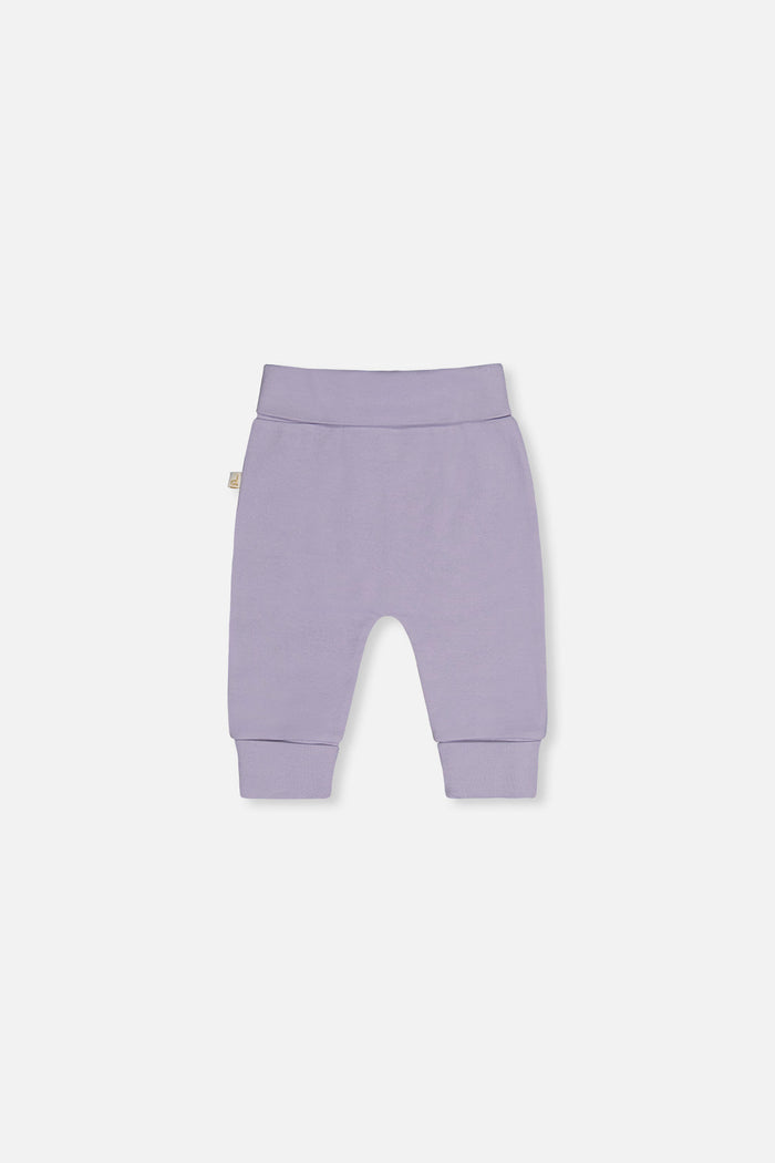 Deux par Deux baby girls evolutive pants in violet with flower details, back view