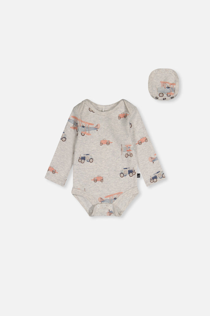 Deux par Deux baby boy organic cotton onesie with beige vintage airplane print, front view