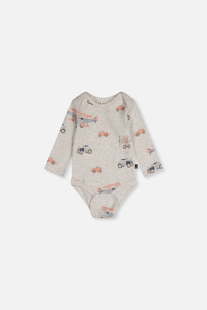 Deux par Deux baby boy organic cotton onesie with beige vintage airplane print, back view