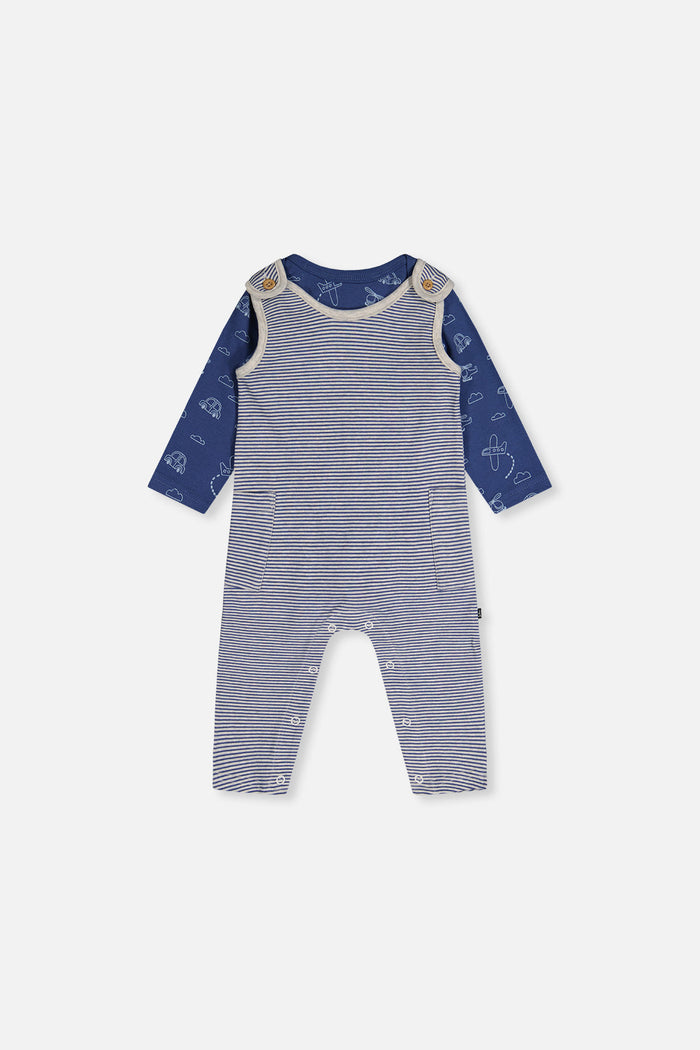 Deux par Deux baby boy organic cotton set with blue transportation-print onesie and striped overalls, front view