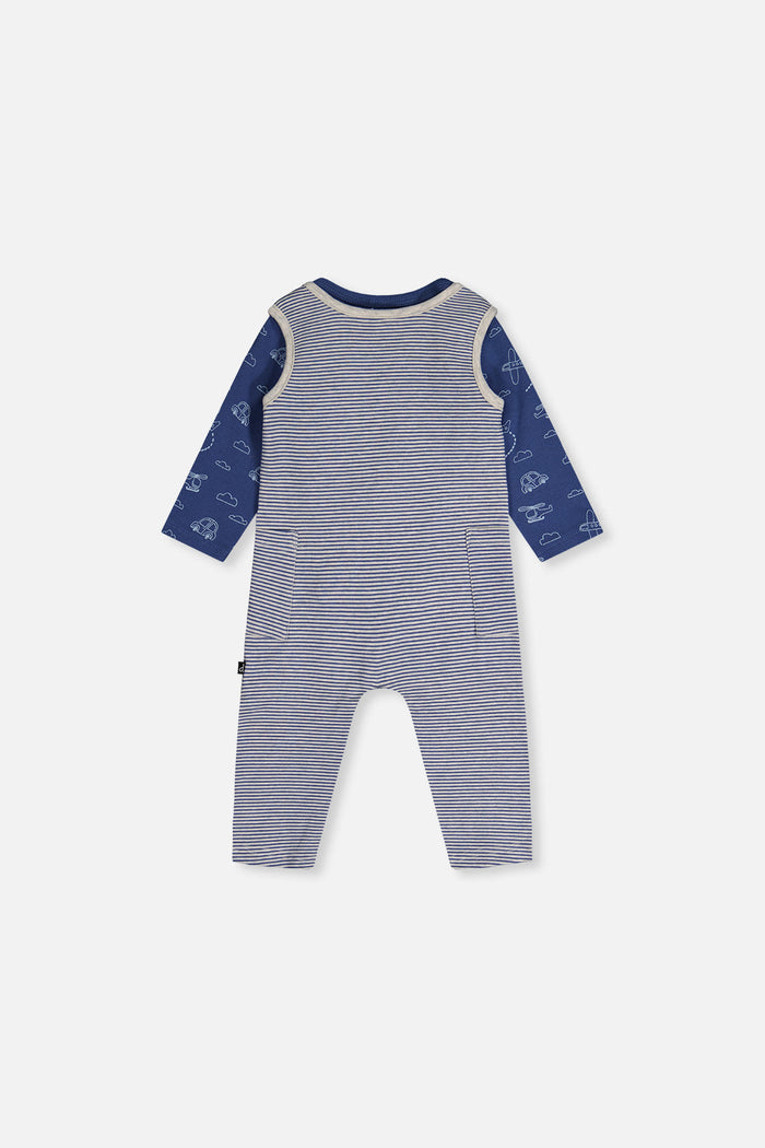 Deux par Deux baby boy organic cotton set with blue transportation-print onesie and striped overalls, back view