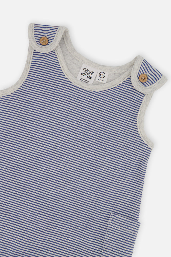 Close-up detail of the Deux par Deux organic cotton set with blue transportation-print onesie and striped overalls, view 6
