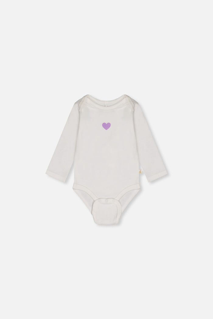 Deux par Deux baby girl organic cotton onesie in off-white with heart detail, back view