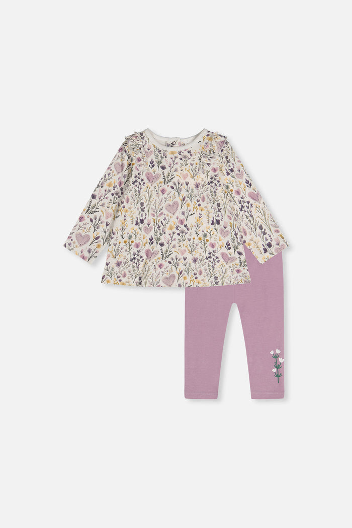 Deux par Deux baby girls ruffle top and leggings set, beige heart print, front view