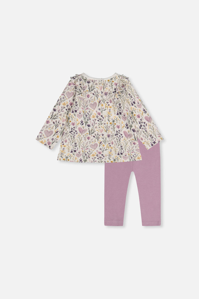 Deux par Deux baby girls ruffle top and leggings set, beige heart print, back view