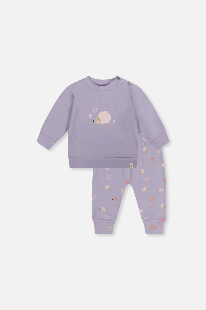 Deux par Deux baby girls top and pants set, violet with hedgehog and floral print, front view