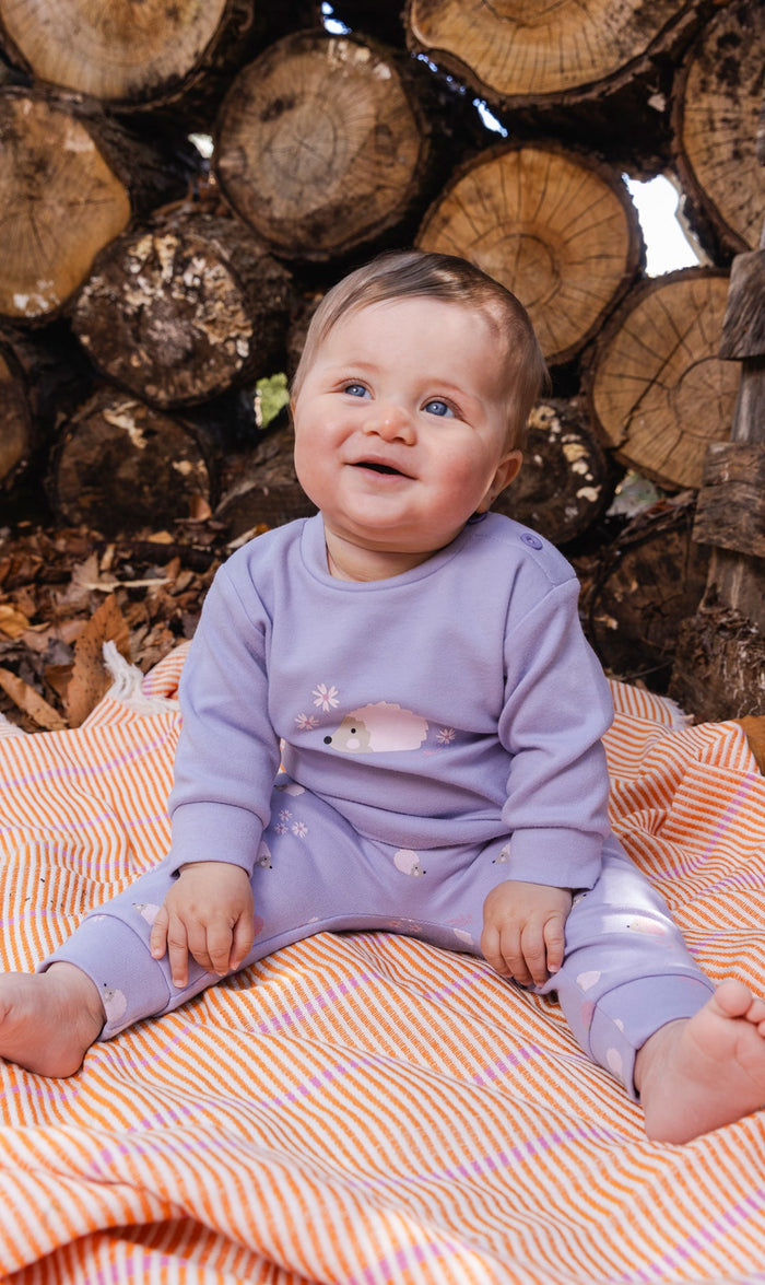 Deux par Deux baby girls top and pants set, violet with hedgehog and floral print, lifestyle view