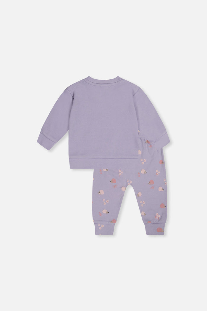 Deux par Deux baby girls top and pants set, violet with hedgehog and floral print, back view