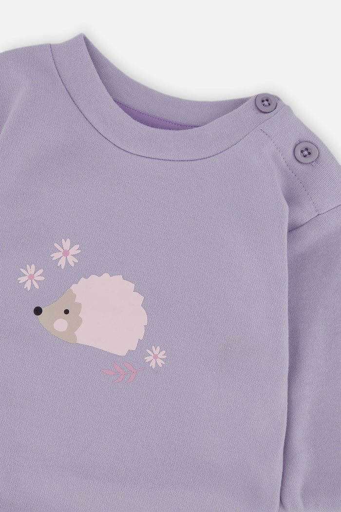 Deux par Deux baby girls top and pants set, violet with hedgehog and floral print, alternate view