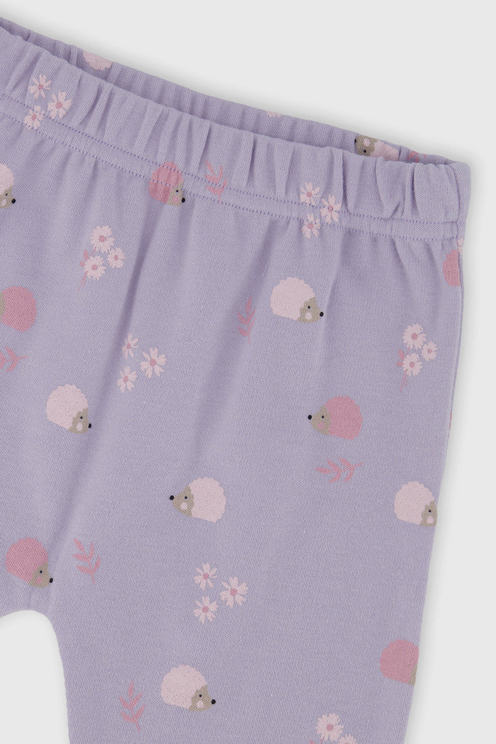 Deux par Deux baby girls top and pants set, violet with hedgehog and floral print, additional view